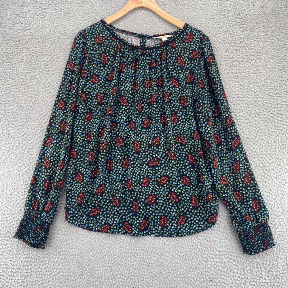 LOFT Top Womens Medium Black Multi Floral Smocked Long Balloon Sleeves Blouse